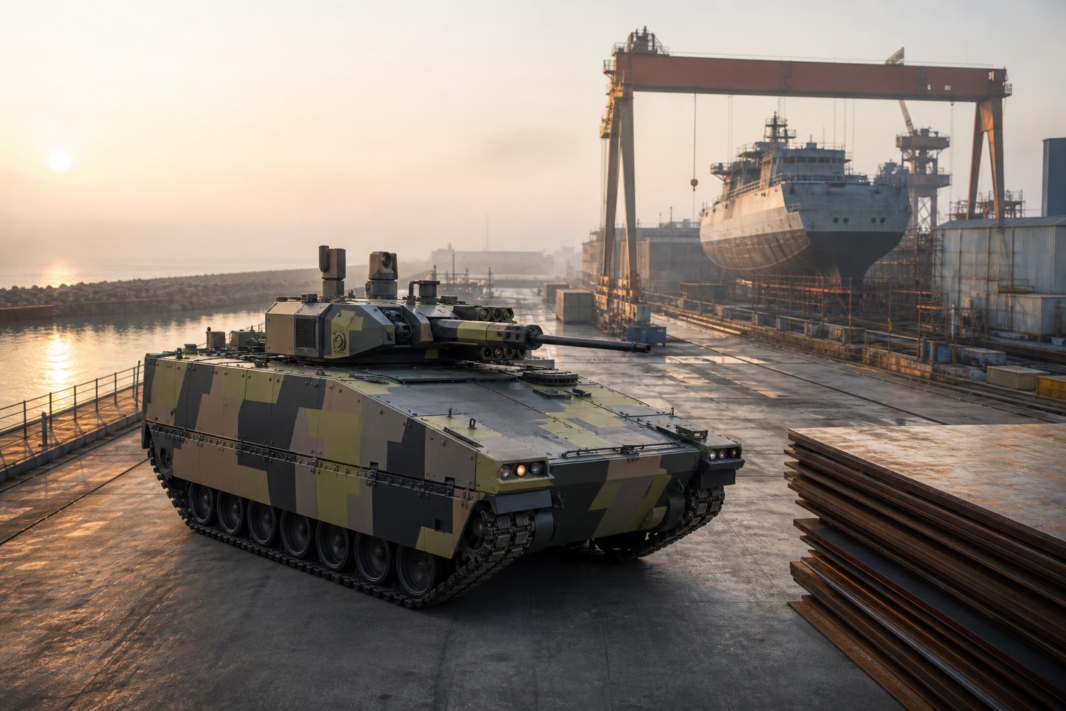 Ein moderner Schützenpanzer steht auf einer Werft, im Hintergrund ein halbfertiges Boot und ein großer Portalkran.
