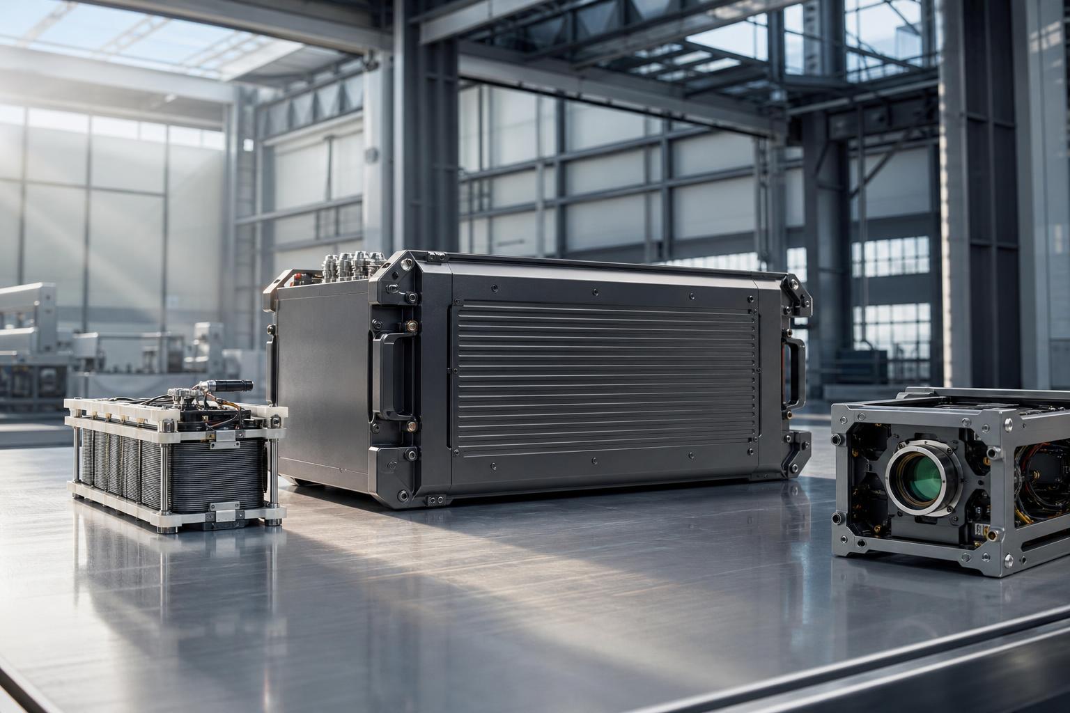 Drei technische Module auf einer Metalloberfläche in einer modernen Halle: links ein Brennstoffzellen-Stack, Mitte ein
