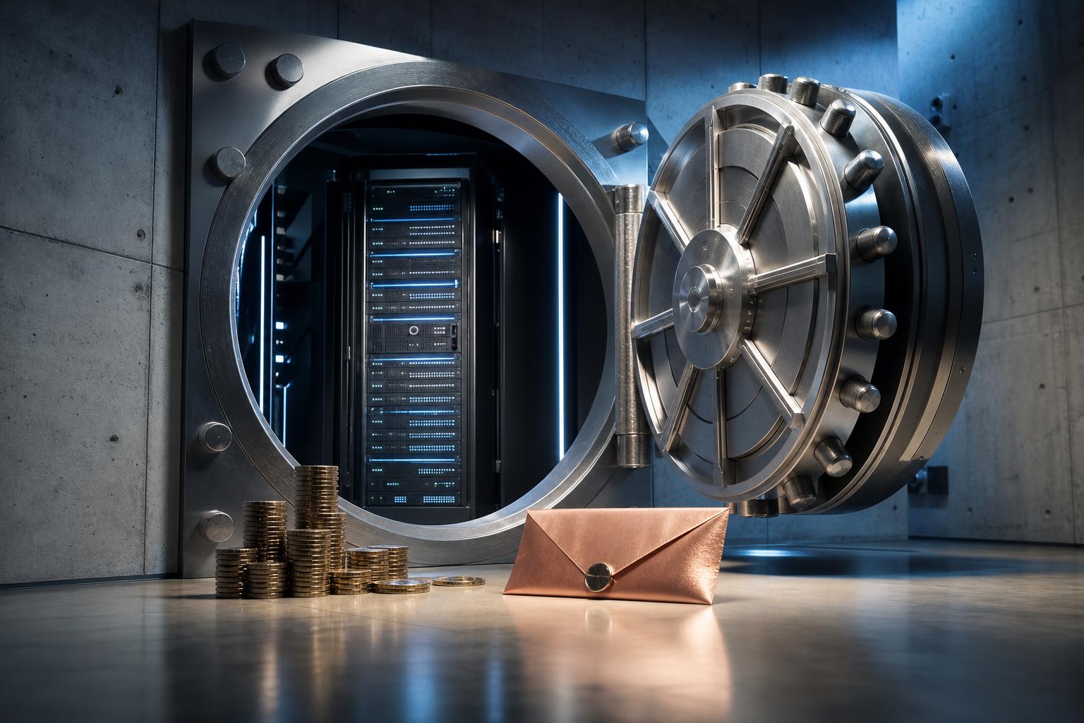 Ein geöffnetes Tresor mit einem Serverrack, Münzstapel und einem Briefumschlag in blauem Licht.