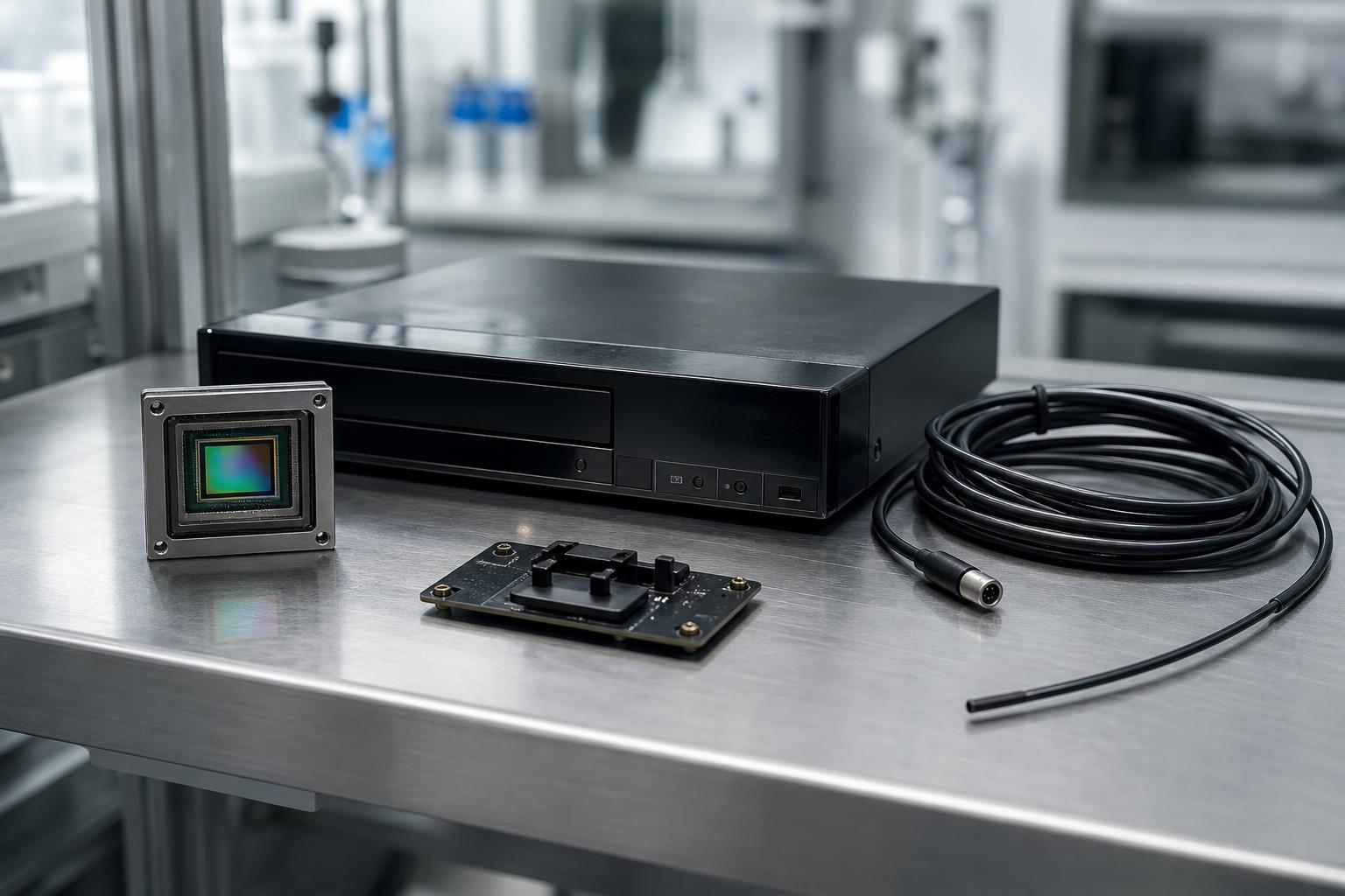 Ein winziger IMX742-Bildsensor liegt neben einem 4K-Blu-Ray-Player auf einem sterilen Metallregal mit Datenkabel und