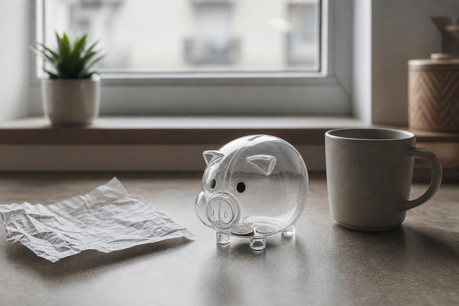 Ein fast leeres, transparentes Sparschwein steht neben einem zerknitterten Stromrechnungsauszug und einer Tasse auf einer