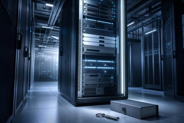 Ein Server-Rack mit blinkenden Lichtern in einem kühlen Rechenzentrum, daneben liegt ein versiegelter Ordner und ein