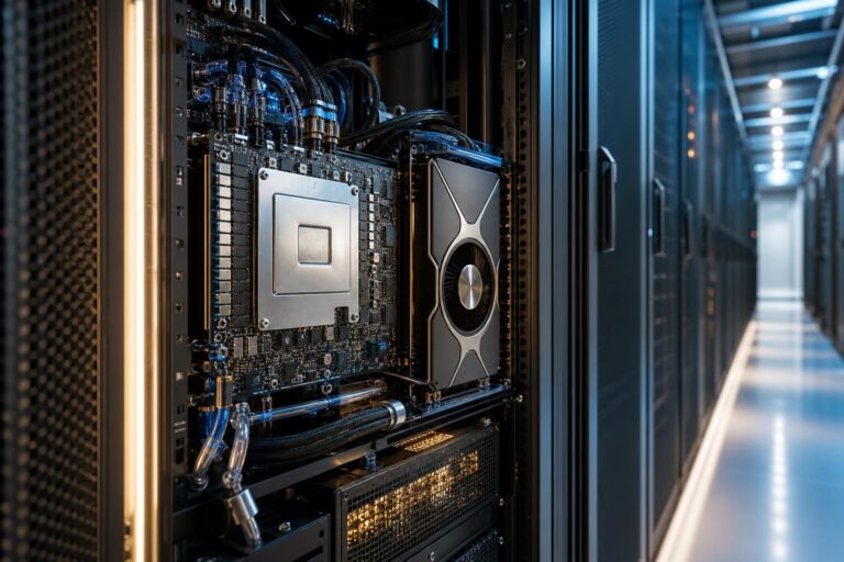 Ein geoffenes Server-Rack in einem Datenzentrum zeigt ein ARM-CPU-Modul und einen Hochleistungs-GPU-Beschleuniger, umgeben