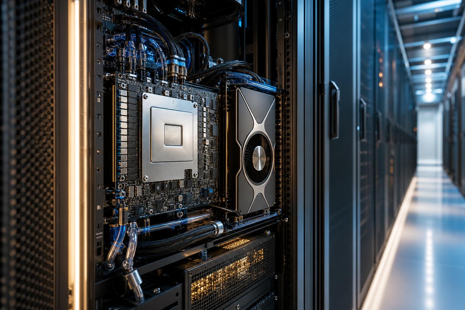 Ein geoffenes Server-Rack in einem Datenzentrum zeigt ein ARM-CPU-Modul und einen Hochleistungs-GPU-Beschleuniger, umgeben