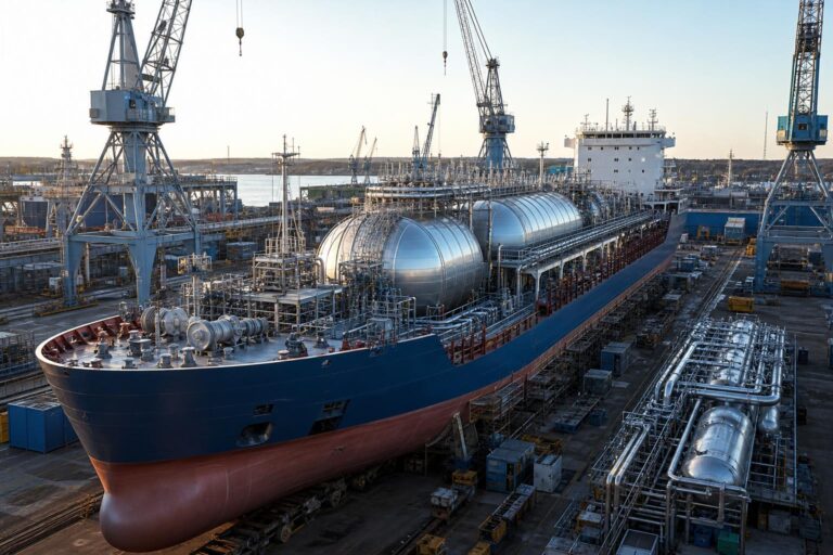 Ein halbfertiges Flüssiggas-Tanker in einer Werft mit großen LNG-Speichertanks und Stahlkranen im Hintergrund bei klarem