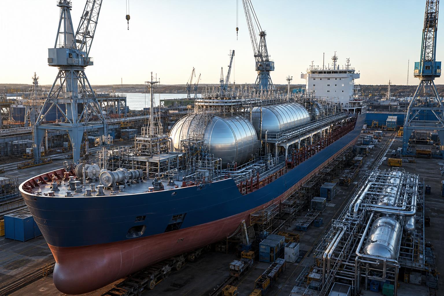 Ein halbfertiges Flüssiggas-Tanker in einer Werft mit großen LNG-Speichertanks und Stahlkranen im Hintergrund bei klarem
