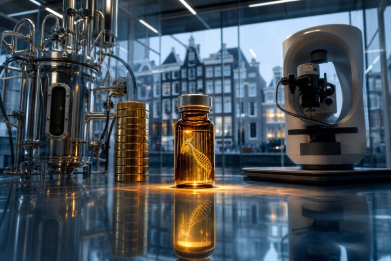 Ein beleuchtetes Glasgefäß mit Gen-Therapieprobe steht neben einem Bioreaktor und Goldstangen in einem modernen Labor mit