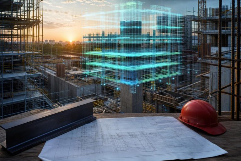 Eine moderne Baustelle mit schwebendem, halbtransparentem 3D-BIM-Modell über einem Betonpfeiler, ergänzt durch einen roten