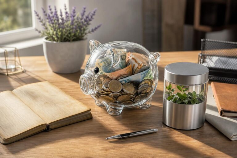 Ein durchsichtiger Glas-Schwein mit Münzen und Geldscheinen steht neben einem modernen Anlage-Zylinder und einem offenen