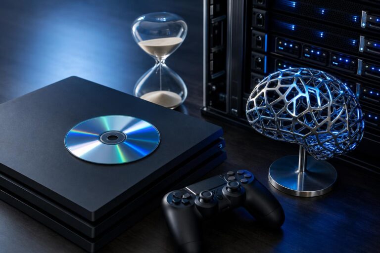 Ein glänzender Spieldatenträger liegt auf einer mattschwarzen PlayStation-Konsole neben einer KI-Skulptur und einem