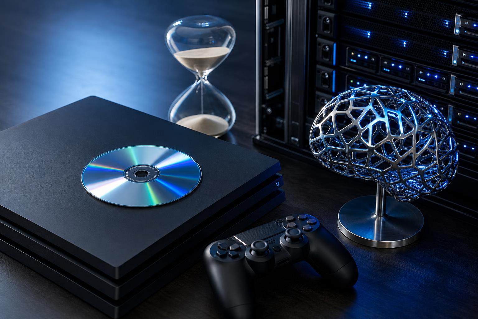 Ein glänzender Spieldatenträger liegt auf einer mattschwarzen PlayStation-Konsole neben einer KI-Skulptur und einem