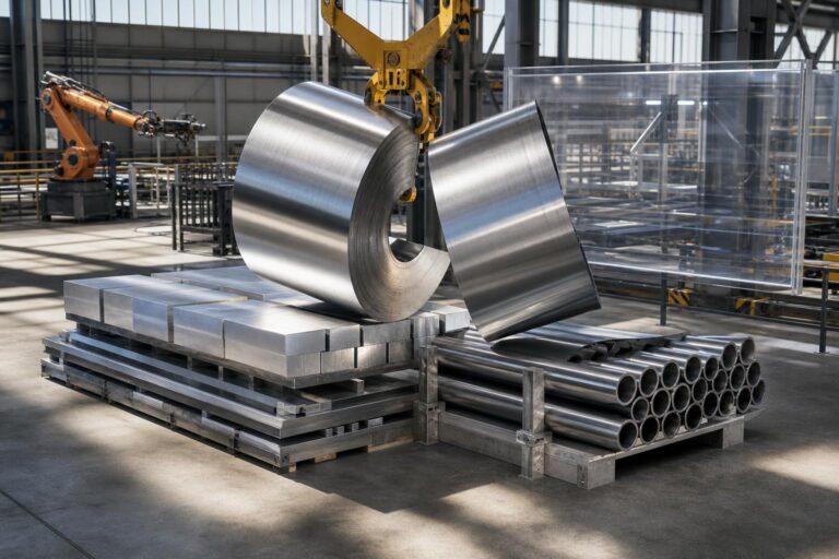 Ein großer Kranarm teilt eine glänzende Stahlcoil in einer modernen Halle, während Aluminiumblöcke und Stahlrohre auf