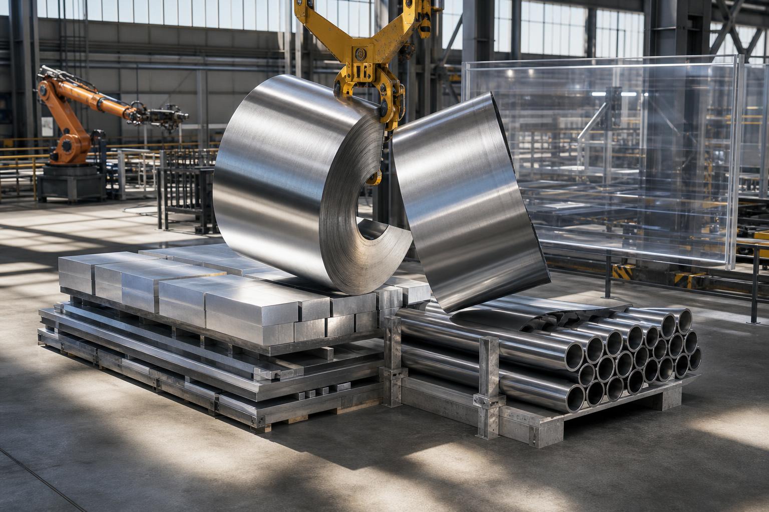 Ein großer Kranarm teilt eine glänzende Stahlcoil in einer modernen Halle, während Aluminiumblöcke und Stahlrohre auf