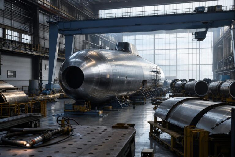 Große Halle mit einem glänzenden U-Boot-Rumpf und weiteren Metallkomponenten unter diffusem Morgenlicht.