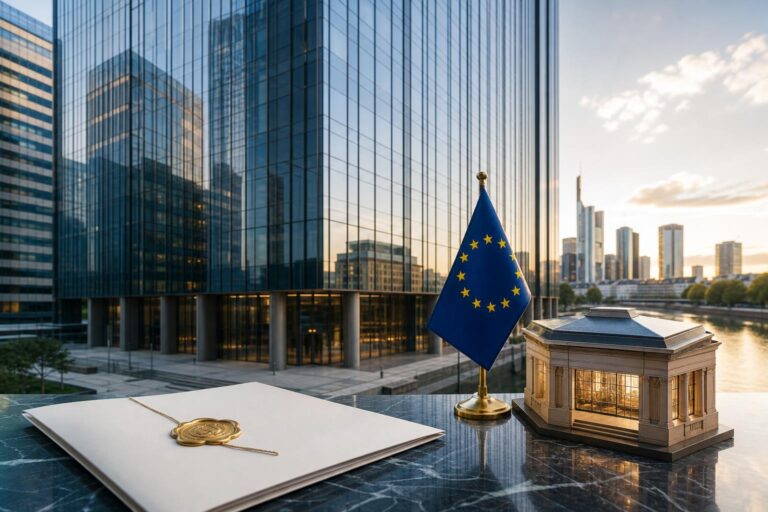 Eine EU-Flagge steht neben einer versiegelten Urkunde und einem Miniatur-Bankmodell vor einem modernen Hochhaus in Frankfurt