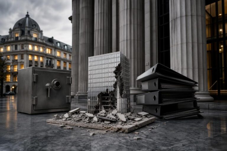 Ein zerbrochenes Bürohochhaus-Modell liegt vor den Säulen einer Bank, neben einem Schließfach und gestapelten Aktenordnern.