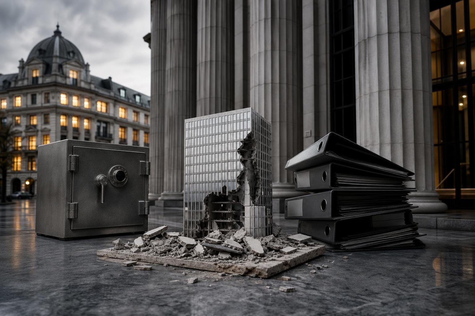 Ein zerbrochenes Bürohochhaus-Modell liegt vor den Säulen einer Bank, neben einem Schließfach und gestapelten Aktenordnern.