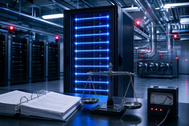Ein Server-Rack mit blauen LED-Leuchten steht in einem Rechenzentrum, daneben liegen Aktenordner, eine Waage und ein