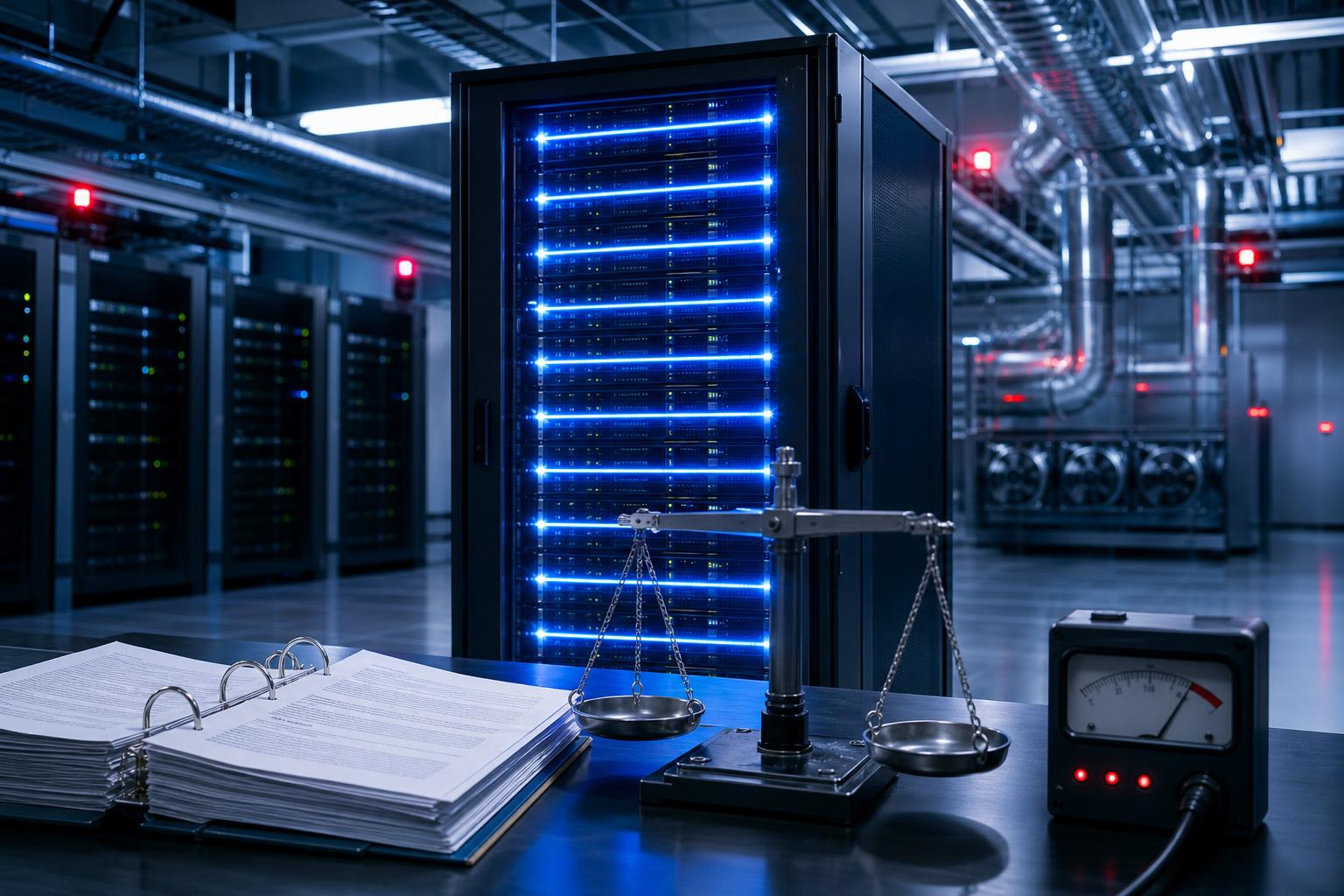 Ein Server-Rack mit blauen LED-Leuchten steht in einem Rechenzentrum, daneben liegen Aktenordner, eine Waage und ein