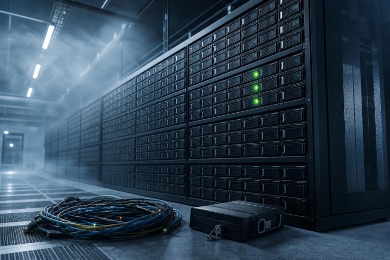 Großes Serverrack in einem Datenzentrum mit dunklen Festplattenkäfigen, drei grünen LEDs und losen Kabeln am Boden.