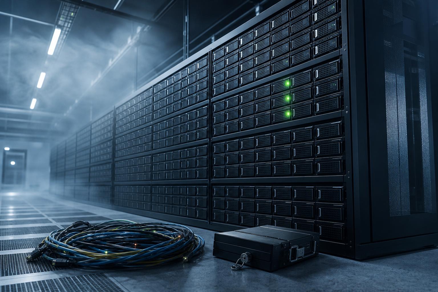 Großes Serverrack in einem Datenzentrum mit dunklen Festplattenkäfigen, drei grünen LEDs und losen Kabeln am Boden.
