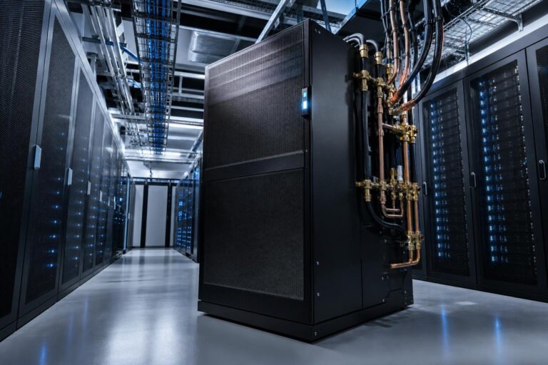 Modulares Vertiv-Strom- und Flüssigkühlsystem in einem klimatisierten Datenzentrum mit Server-Racks und LED-Anzeige