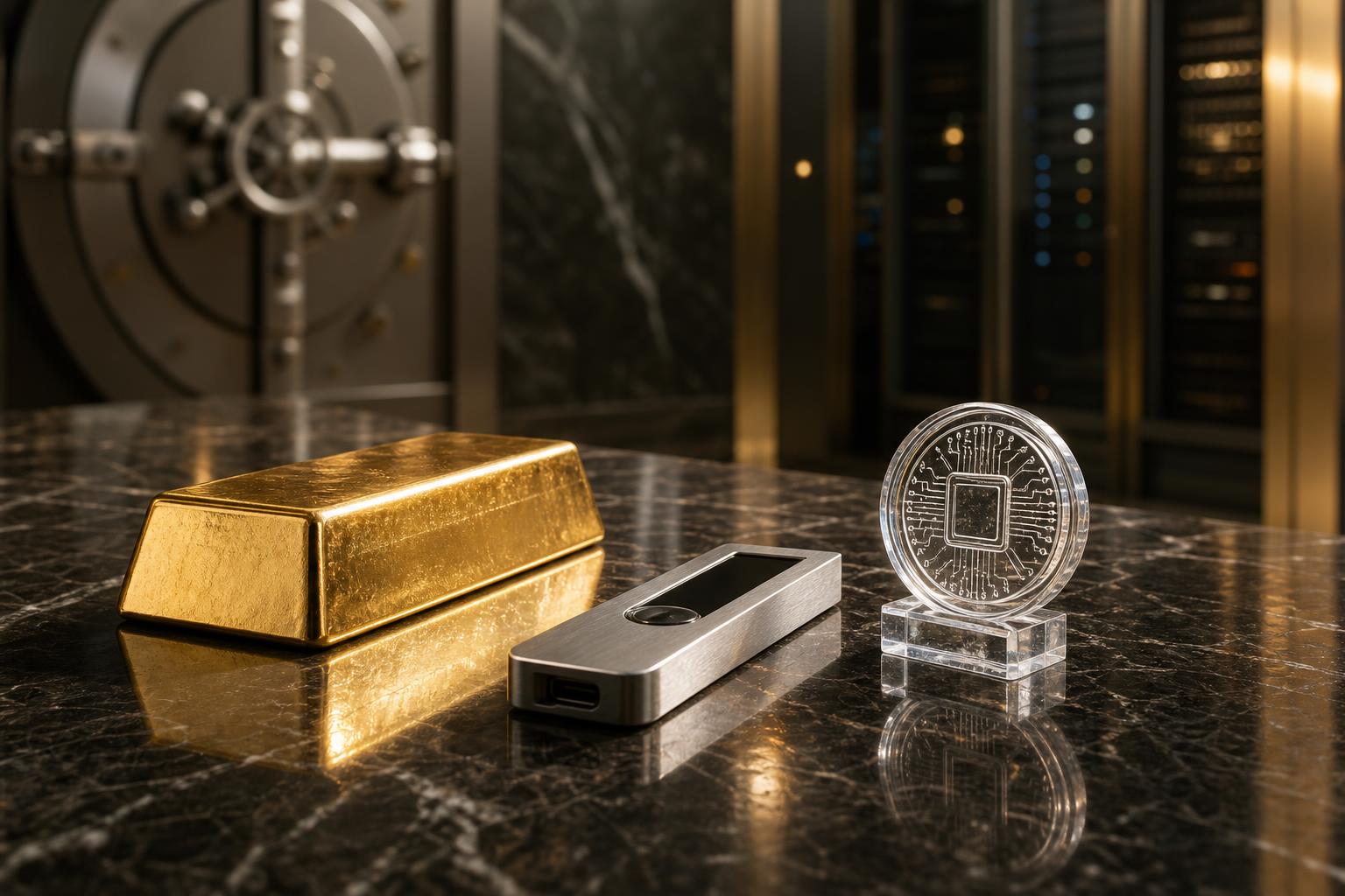 Ein glänzender Goldbarren liegt neben einer silbernen Hardware-Wallet und einem transparenten Kristall-Modell auf einer