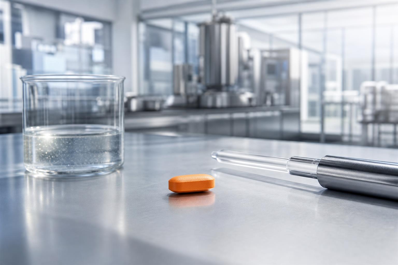 Eine orangefarbene Tablette liegt auf einer silbernen Labortischfläche neben einem Glas mit Flüssigkeit und einer Pipette in