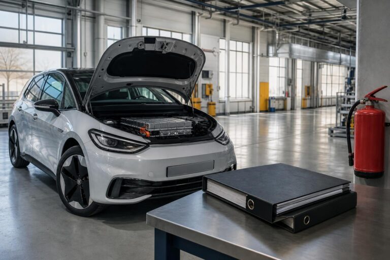 Ein VW-ID.3 mit geöffneter Motorhaube zeigt einen glänzenden Batteriemodul-Stapel in einer großen Werkstatthalle, daneben