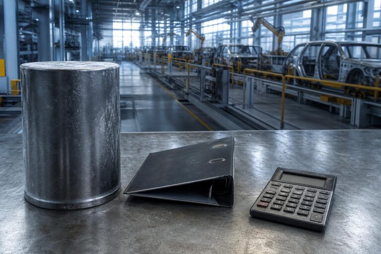 Ein stillstehender Fertigungsabschnitt einer Automobilfabrik mit ruhender Förderanlage, einem großen Metallzylinder, einem