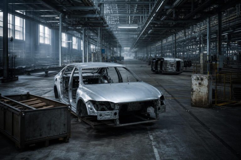 Eine halbfertige Fahrzeugkarosserie liegt in einer leeren Fabrikhalle mit diffusem Licht und leichter Nebelspur.