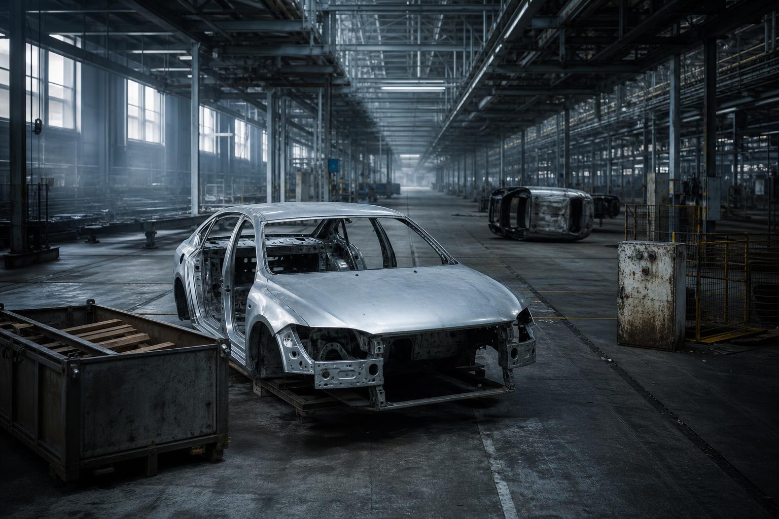 Eine halbfertige Fahrzeugkarosserie liegt in einer leeren Fabrikhalle mit diffusem Licht und leichter Nebelspur.