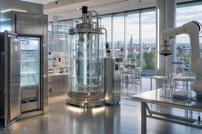 Ein modernes Labor mit einem großen transparenten Bioreaktor, einem Roboterarm und Glasküvetten in einem Schrank bei