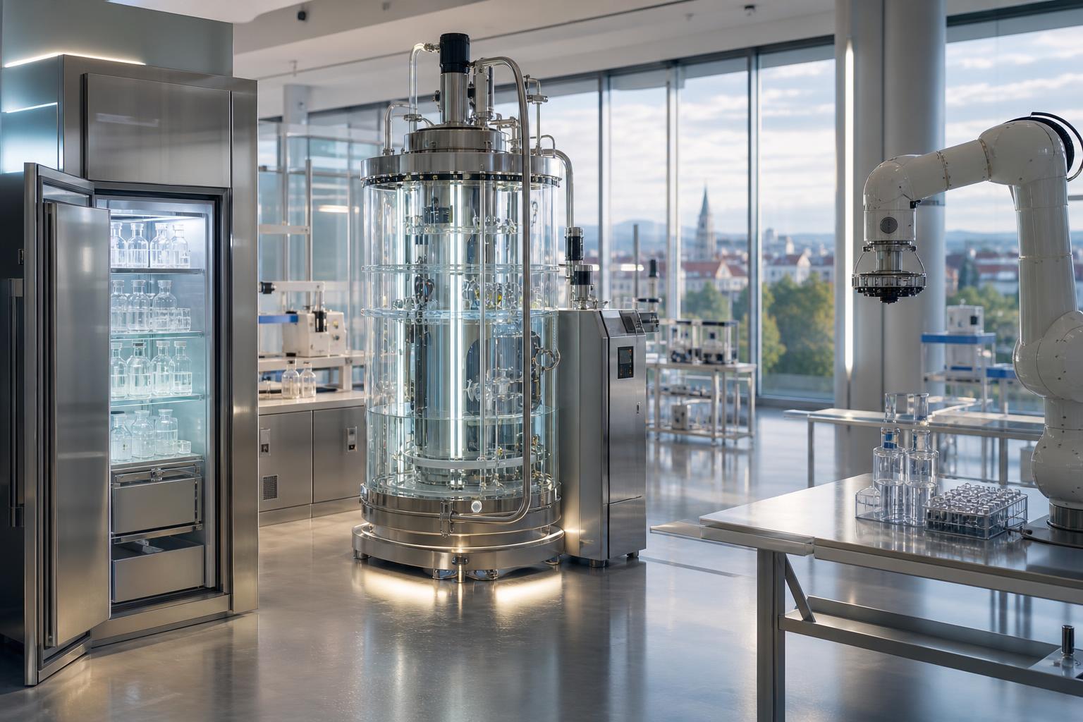 Ein modernes Labor mit einem großen transparenten Bioreaktor, einem Roboterarm und Glasküvetten in einem Schrank bei