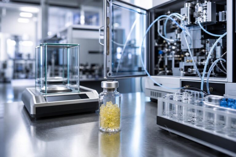 Ein Glasfläschchen mit gelblicher Substanz steht auf einem Labortisch neben einem Analysenwaagegerät und einem HPLC-System