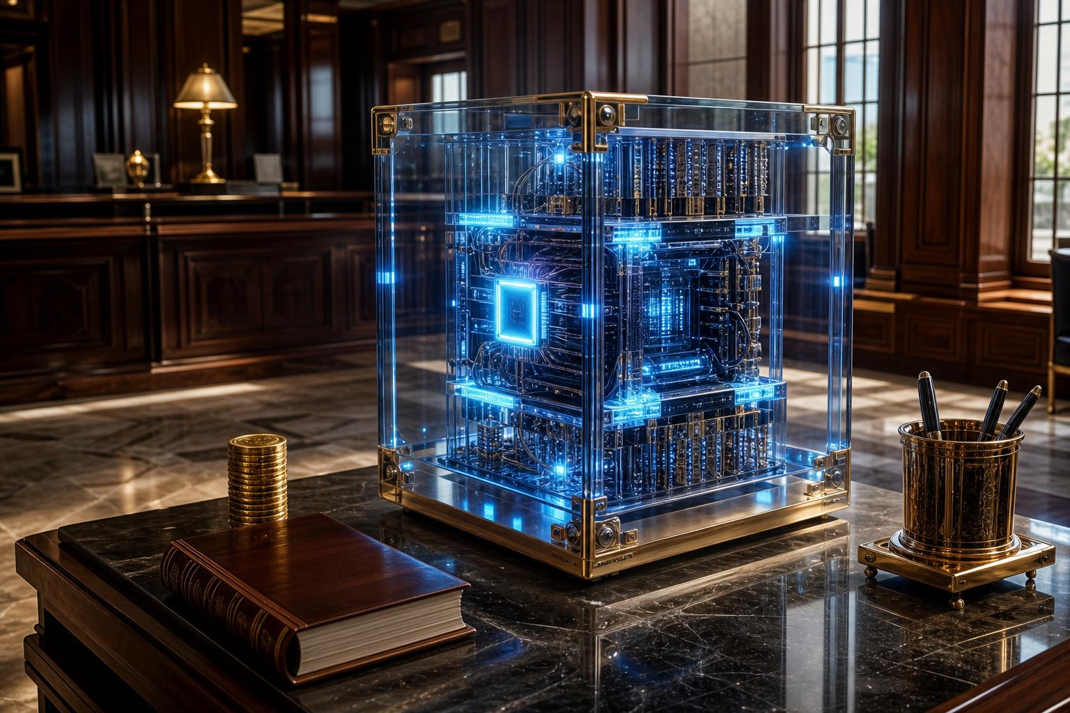 Ein leuchtender, durchsichtiger Quanten-Computer mit blauen Schaltkreisen steht auf einem Marmortisch neben einem